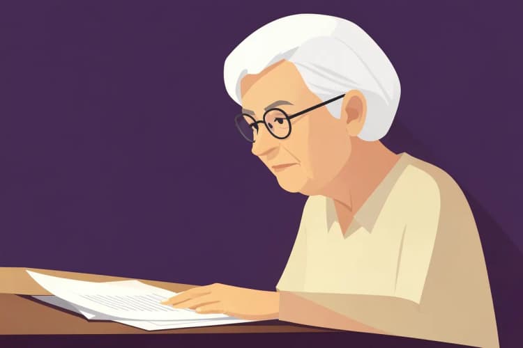 Pessoa idosa com semblante sério, olhando para documentos em uma mesa.