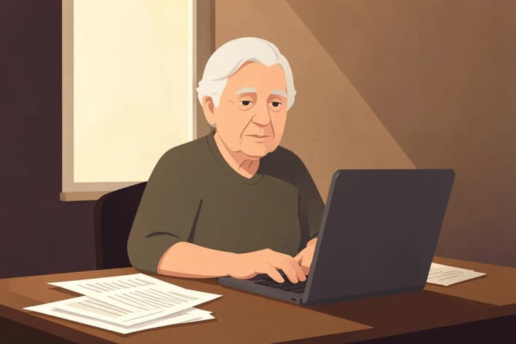 Pessoa idosa sentada em frente a um computador, com documentos ao lado.
