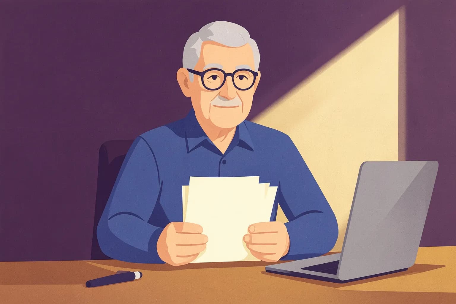 Pessoa idosa sorrindo, com documentos na mão, em frente a um computador.