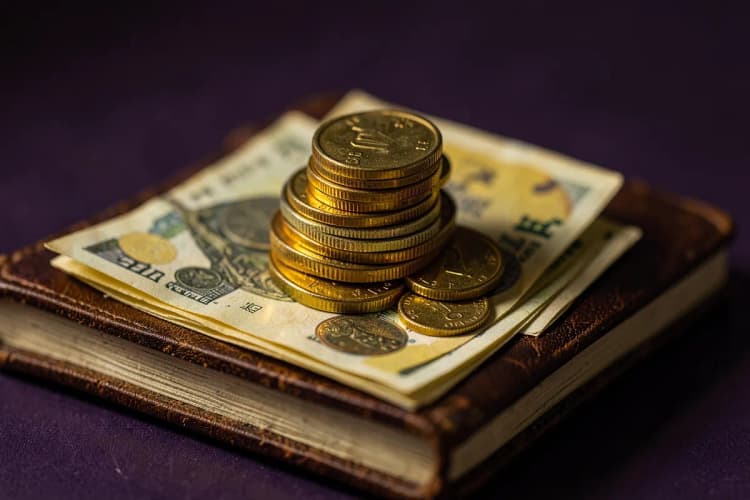 Uma pilha de moedas de ouro e notas de dinheiro dobradas em cima de um bloco de notas fechado.